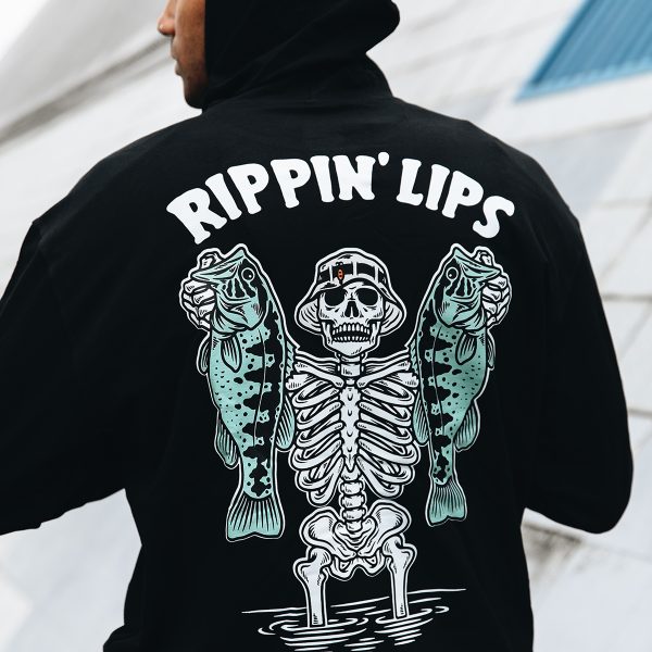 Men's Rippin Lips Skeleton Clutching Fishes Printed Hoodie